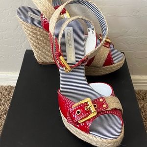 DSQUARED2 Lindoss Gloss Fiamma red buckle platform wedge sandals 39